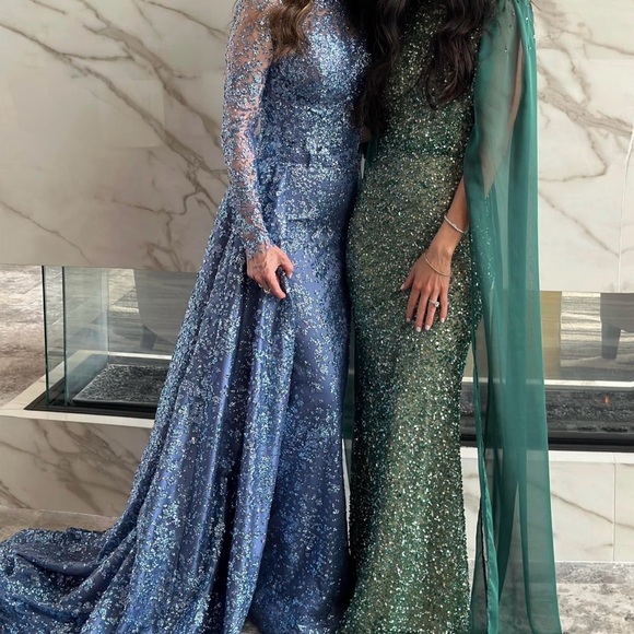 Fjolla Nila green beaded gown with cape sleeves. - Picture 3 of 4